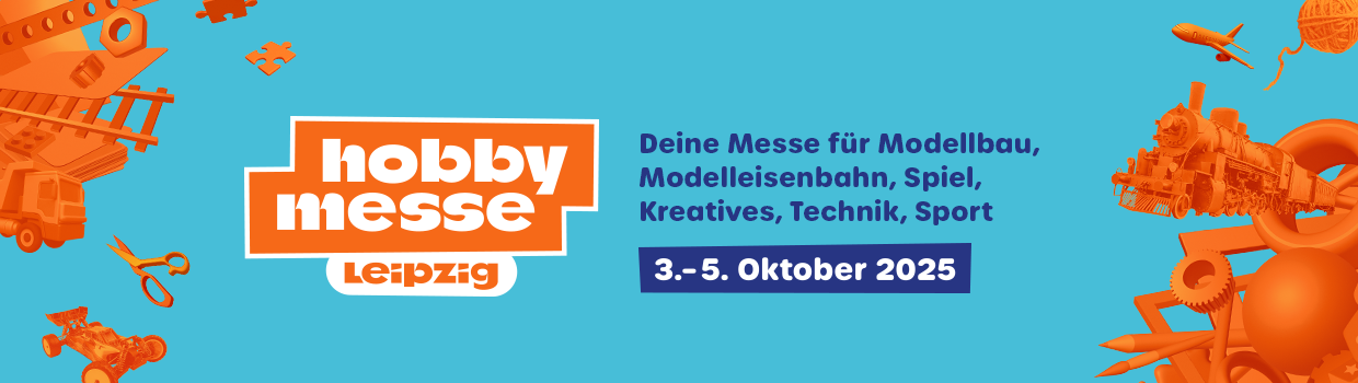 Webseiten Banner der Hobbymesse Leipzig. Deine Messe für Modellbau, Modelleisenbahnen, Spiel, Kreatives, Technik, Sport. 3. Oktober bis 5. Oktober 2025 Webseiten Banner der Hobbymesse Leipzig. Deine Messe für Modellbau, Modelleisenbahnen, Spiel, Kreatives, Technik, Sport. 3. Oktober bis 5. Oktober 2025